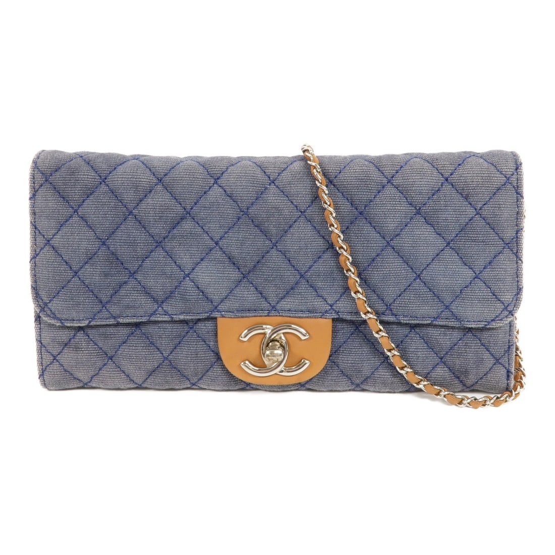 CHANEL CC Denim Shoulder Bag Blue Chain Strap SHW: CHANEL CC Denim Shoulder Bag Blue Chain Strap SHW CHANEL CC SHW Chain Shoulder Bag in blue denim with a chain shoulder strap and turn-lock closure. The bag features multiple interior open compartments