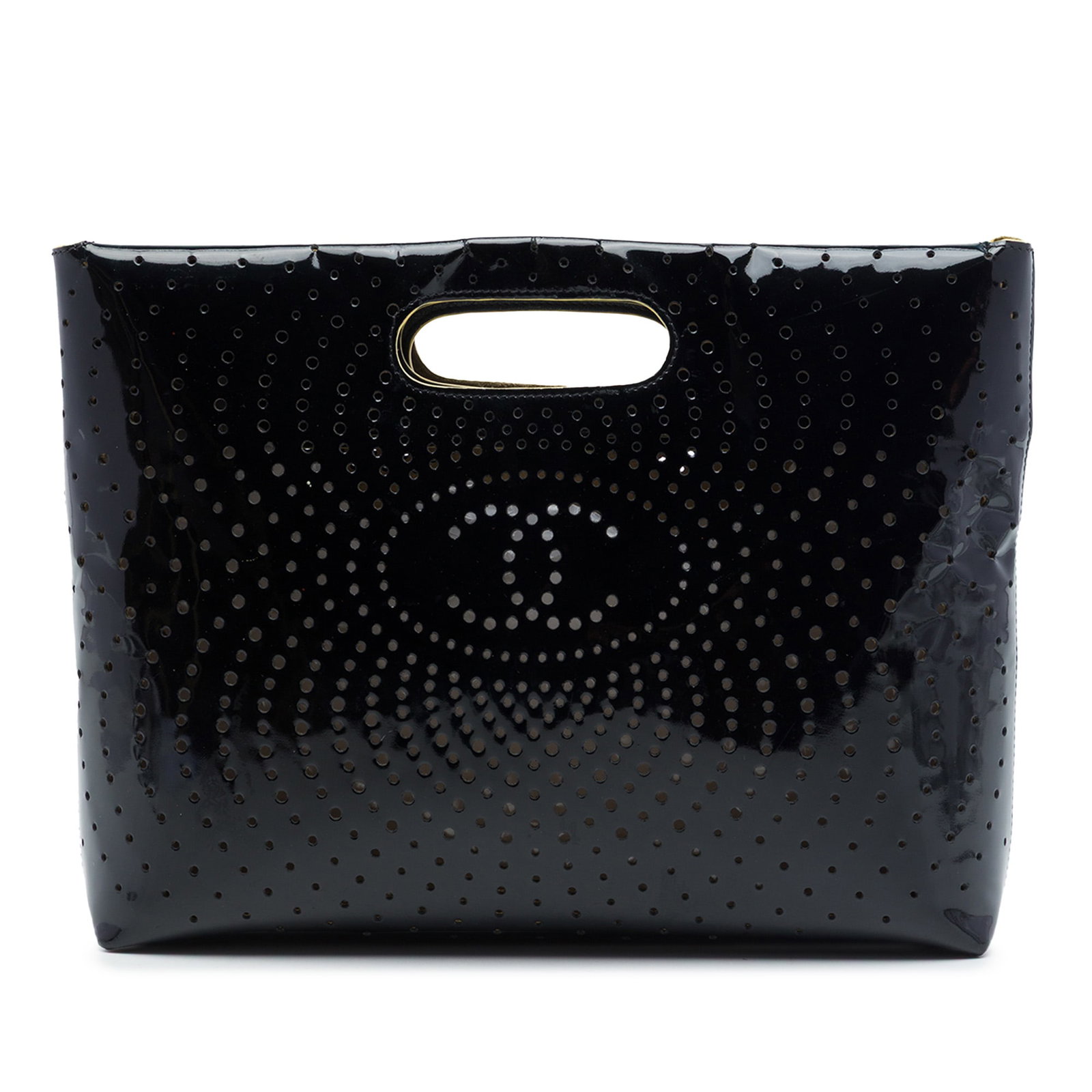 Chanel CC Perforated Patent Leather Tote Bag Black: Chanel CC Perforated Patent Leather Tote Bag Black Chanel CC Perforated Patent Tote in black leather with cutout handles and an open-top design. Made in Italy. Condition is B+ with visible wear throug