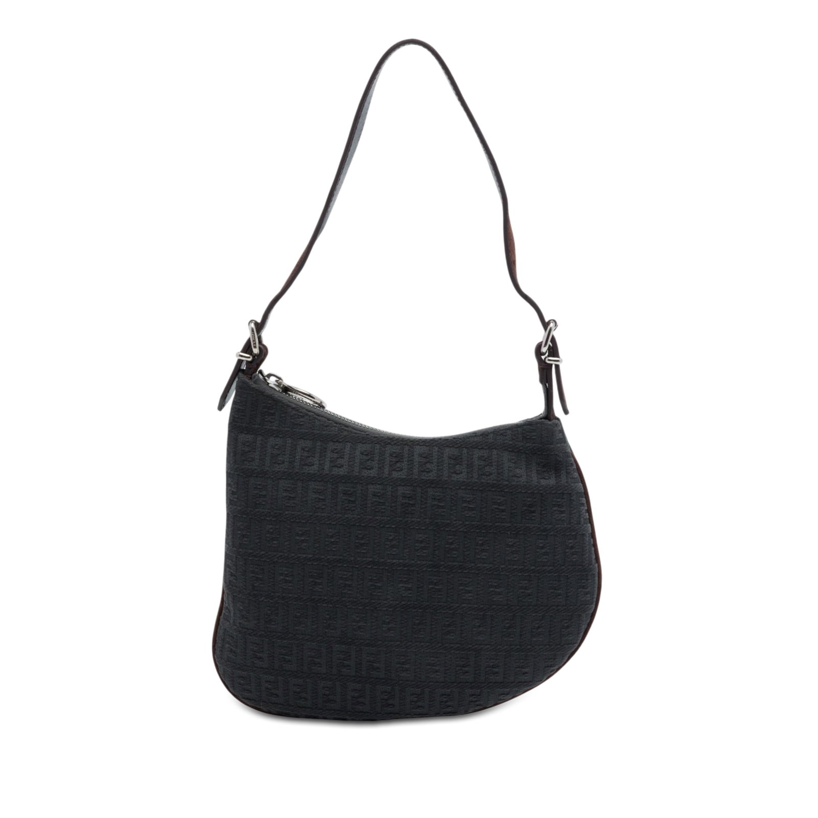 Fendi Oyster Shoulder Bag in Black Zucchino Canvas: Fendi Oyster Shoulder Bag in Black Zucchino Canvas This Fendi Oyster shoulder bag is crafted with a canvas body and a flat leather strap, finished with a top zip closure and an interior slip pocket. T