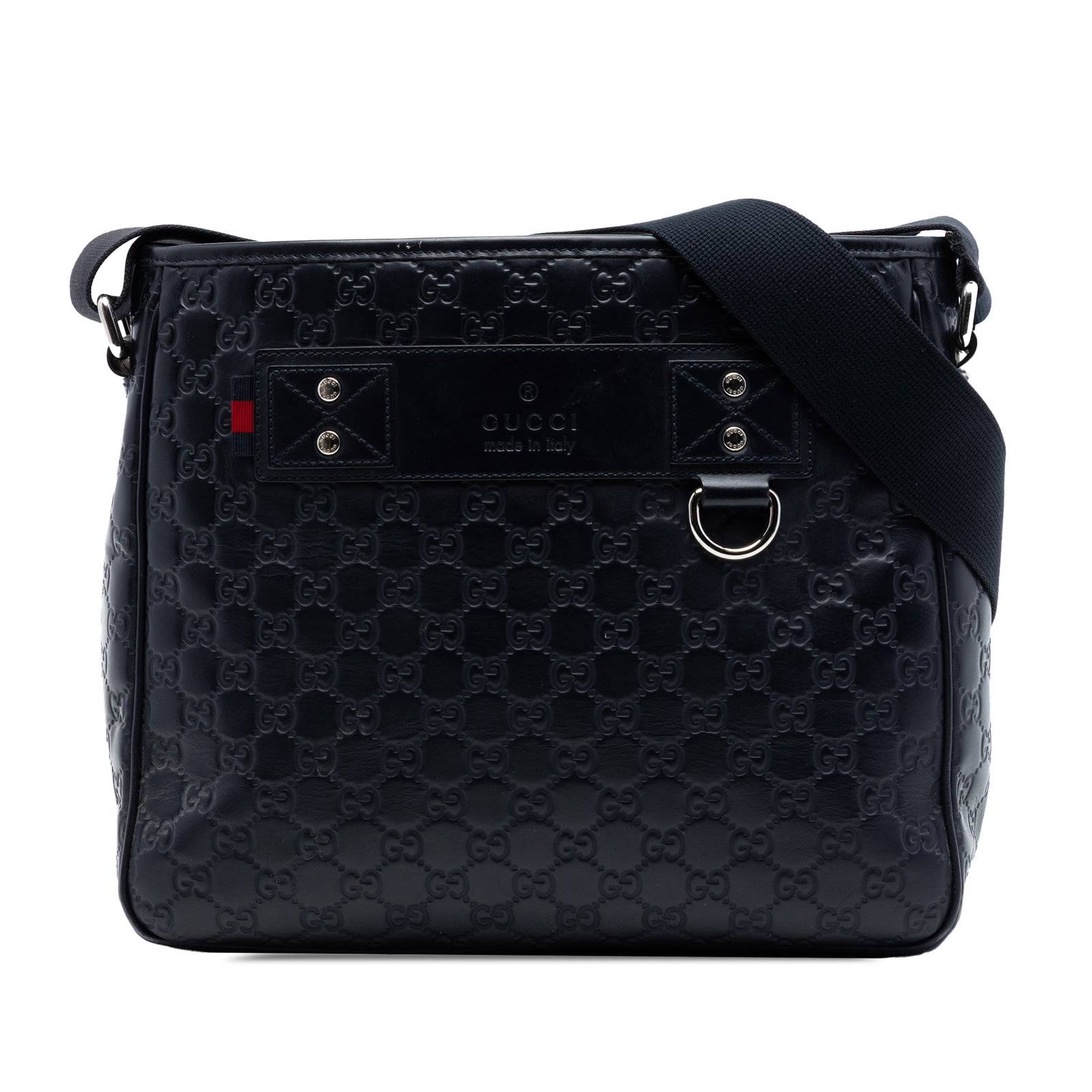 Gucci Guccissima Web Leather Crossbody Bag Black: Gucci Guccissima Web Leather Crossbody Bag Black Gucci Guccissima Web Crossbody bag in black embossed leather with an adjustable flat strap and top zip closure. The bag includes an exterior back zip p