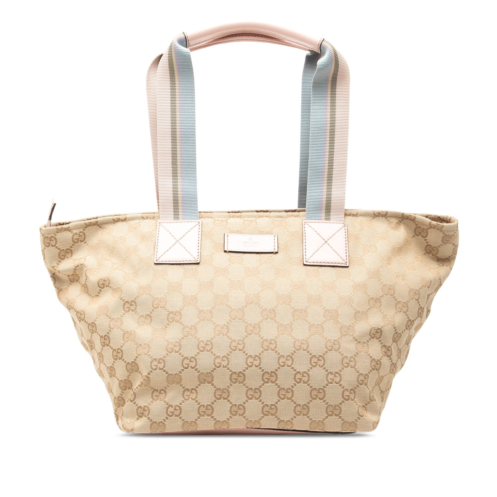 Gucci GG Canvas Web Tote Bag Beige Fabric Zip Top: Gucci GG Canvas Web Tote Bag Beige Fabric Zip Top Gucci GG Canvas Web Tote with a canvas body, flat handles, top zip closure, and interior zip and slip pockets. Includes a dust bag. Condition is B+ wi