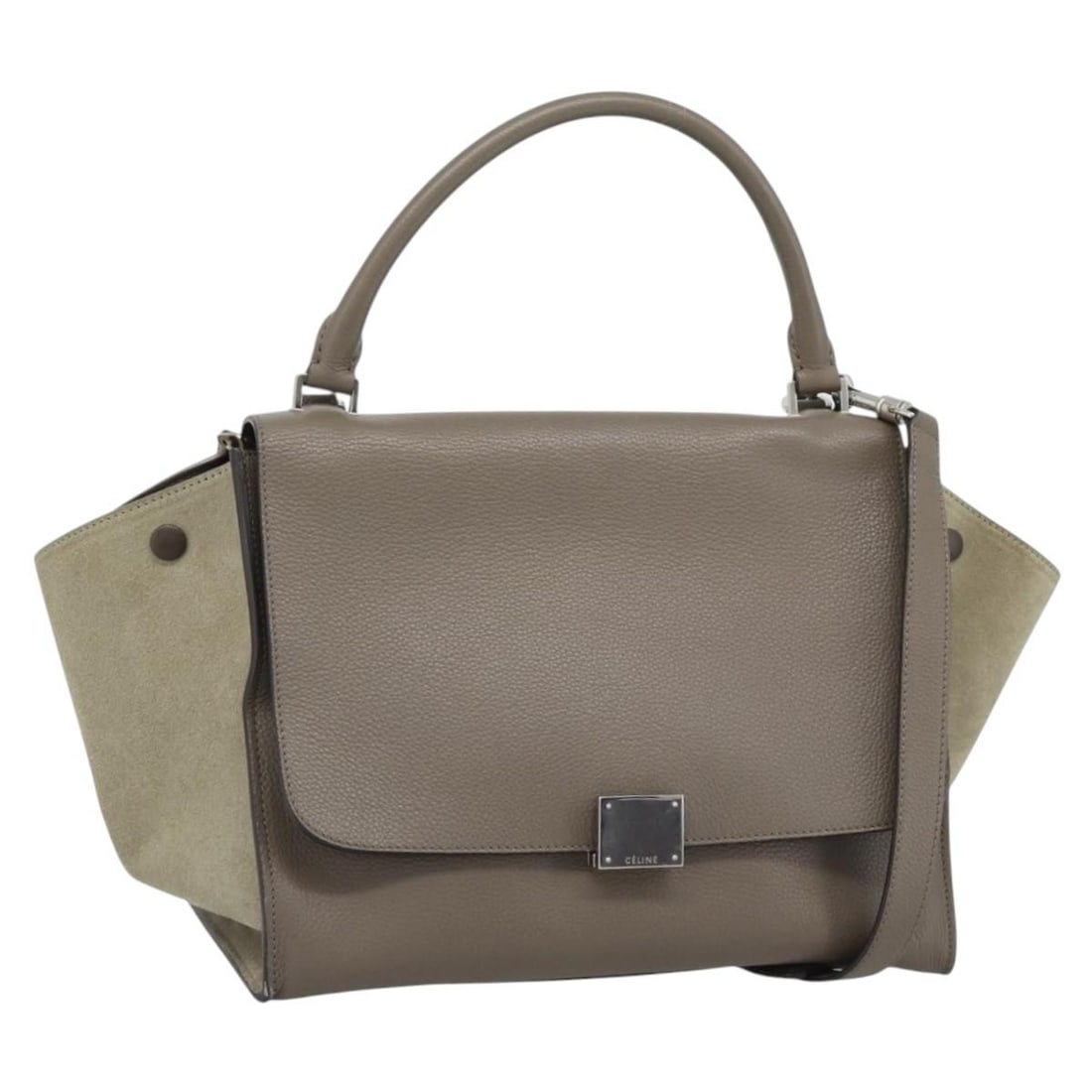 CELINE Trapeze 2way leather handbag gray silver with strap: CELINE Trapeze 2way leather handbag gray silver with strap Celine Trapeze 2-way handbag in gray and silver leather. This women's bag includes a top handle and a shoulder strap, along with a dust bag. 