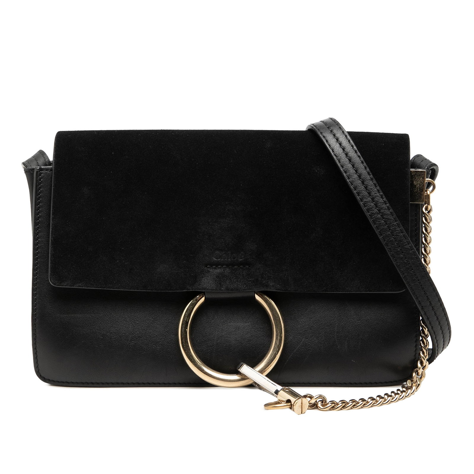 Chloe Faye Small Crossbody Bag in Black Suede Calfskin: Chloe Faye Small Crossbody Bag in Black Suede Calfskin Chloe Small Faye crossbody bag crafted in suede and calfskin leather. This crossbody features an adjustable flat leather strap, a top flap with h