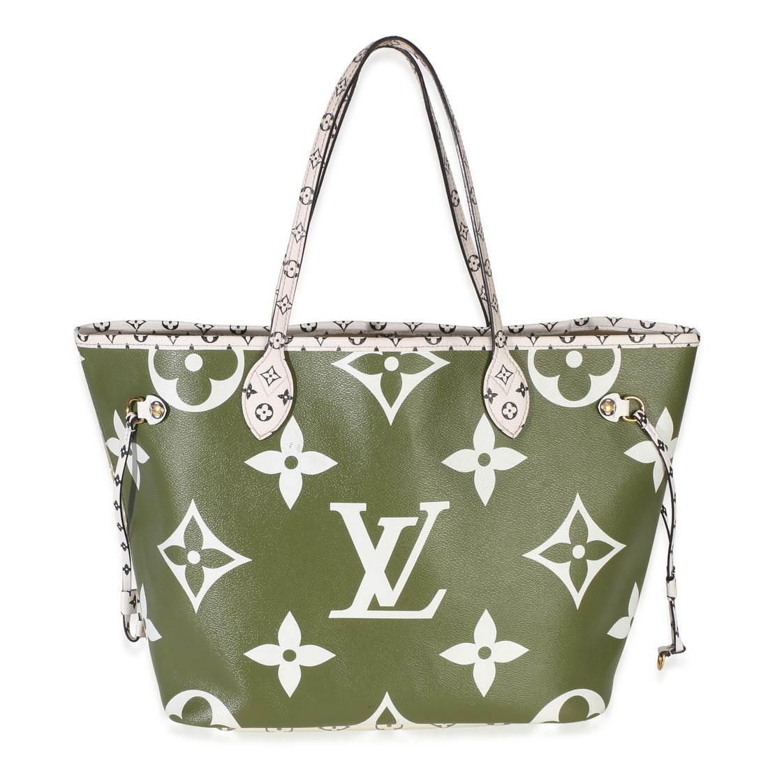 Louis Vuitton Neverfull MM tote in Khaki Monogram Giant canvas: Louis Vuitton Neverfull MM tote in Khaki Monogram Giant canvas Pre-owned Louis Vuitton Khaki Monogram Giant Neverfull MM tote in green and white canvas with a fabric lining and clasp closure. This uni