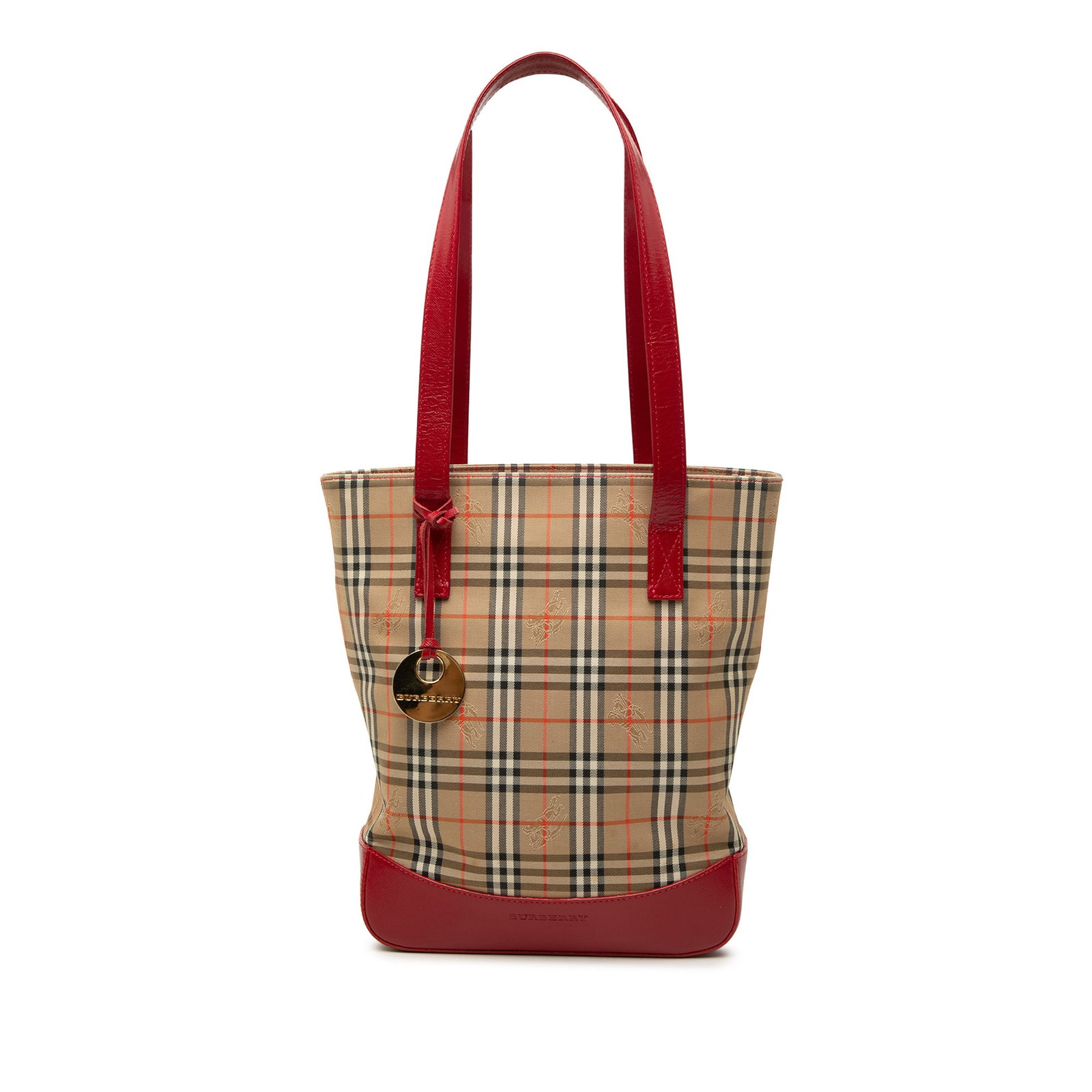 Burberry Haymarket Check Tote Bag in Canvas with Leather Trim: Burberry Haymarket Check Tote Bag in Canvas with Leather Trim Burberry Haymarket Check canvas tote with leather trim and flat leather shoulder straps. The bag features an open top with magnetic closur