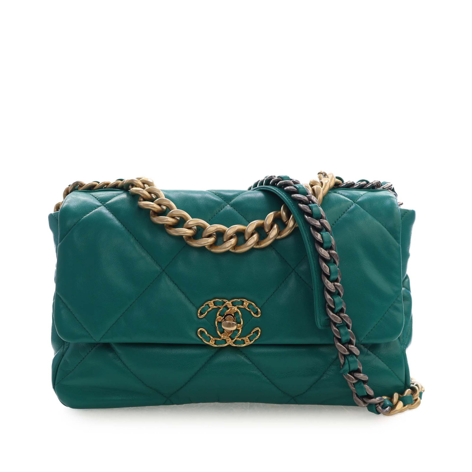 Chanel 19 Large Flap Shoulder Bag Green Lambskin: Chanel 19 Large Flap Shoulder Bag Green Lambskin Chanel Large 19 Flap bag in green quilted lambskin leather. This bag features a chain link handle, a leather-woven chain shoulder strap with leather gu