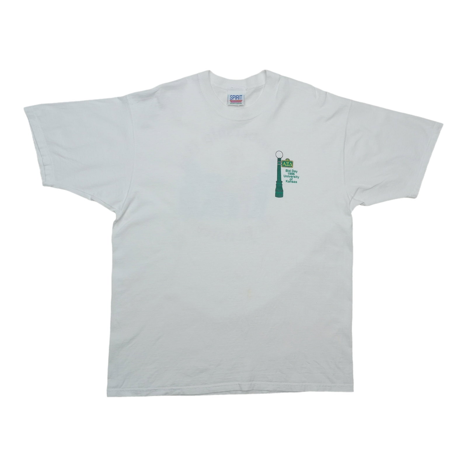 White 1996 Alpha Xi Delta Bid Day Kansas Shirt XL: White 1996 Alpha Xi Delta Bid Day Kansas Shirt XL Authentic vintage 1996 Alpha Xi Delta Kansas Bid Day shirt from the 1990s. This original single-stitch shirt is described as a true vintage piece, not