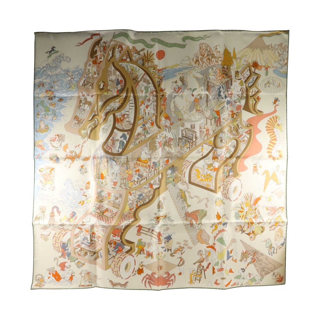 Hermes Silk Scarf 90x90 Beige Multicolor with Box: Hermes Silk Scarf 90x90 Beige Multicolor with Box Hermes women's silk scarf in beige and multicolor, presented in a 90 x 90 format. Made in France, this piece includes a storage box and is listed in p