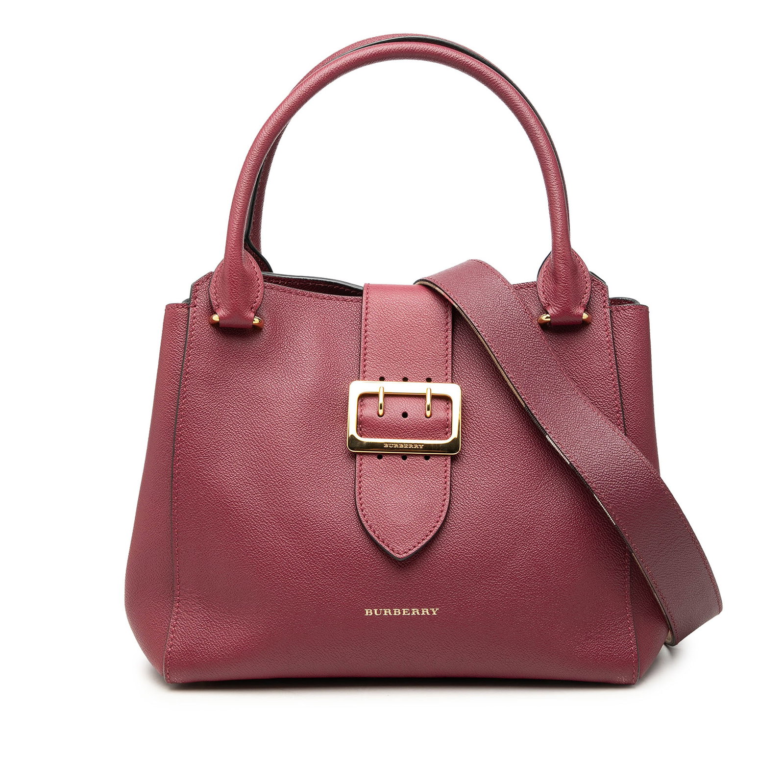 Burberry Buckle Tote Medium Grained Calfskin Leather Satchel Red: Burberry Buckle Tote Medium Grained Calfskin Leather Satchel Red Burberry Medium Grained Calfskin Buckle Tote in red grained leather with rolled leather handles, a detachable flat leather strap, and a