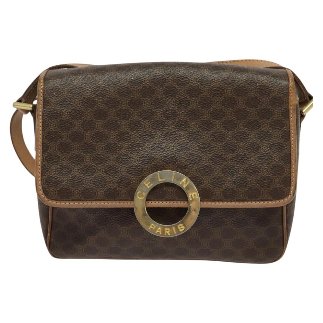 Celine Vintage Macadam Circle Logo Shoulder Bag Canvas Leather: Celine Vintage Macadam Circle Logo Shoulder Bag Canvas Leather This Celine vintage Macadam Circle Logo shoulder bag features a classic brown canvas exterior complemented by leather accents. Designed f