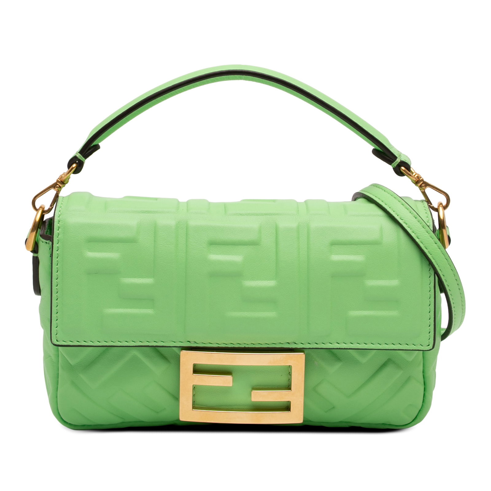 Fendi Mini Zucca Baguette Satchel in Green Embossed Leather: Fendi Mini Zucca Baguette Satchel in Green Embossed Leather Mini Zucca embossed leather Baguette satchel in green with a detachable flat leather handle, a detachable curb chain and leather shoulder st