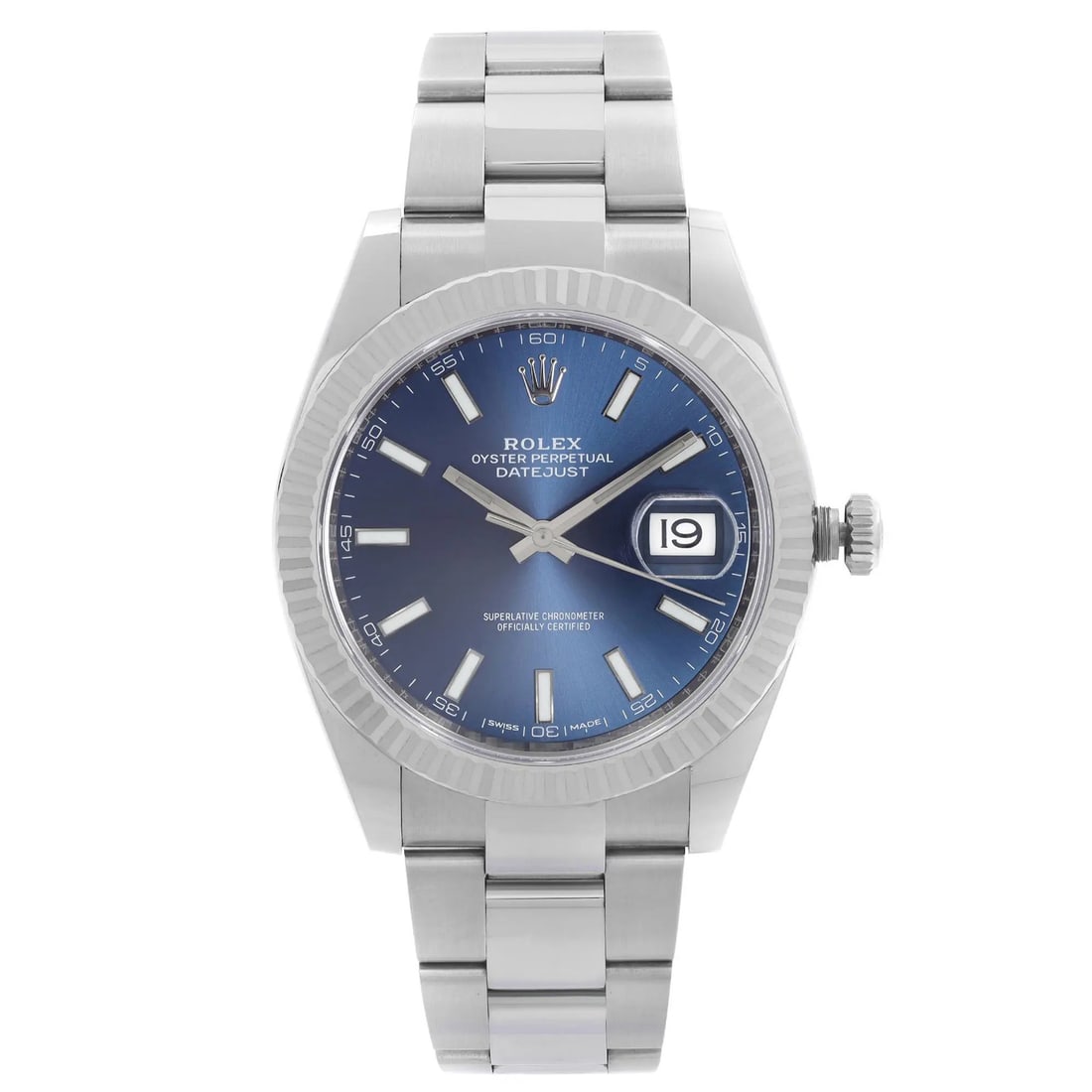Rolex Datejust 126334 automatic mens wristwatch blue dial steel 41 mm: Rolex Datejust 126334 automatic mens wristwatch blue dial steel 41 mm Rolex Datejust 41 automatic wristwatch with a blue dial and fluted bezel. This men's watch is New Old Stock and comes with its ori