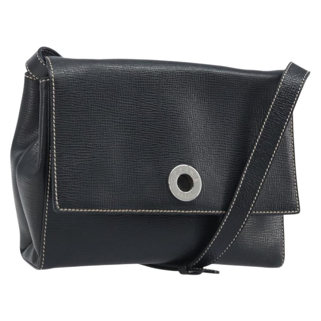 CELINE black leather shoulder bag Circle silver tone Italy: CELINE black leather shoulder bag Circle silver tone Italy Authentic CELINE Circle shoulder bag in black leather with silver-tone accents. Made in Italy, this women's shoulder bag includes a dust bag.