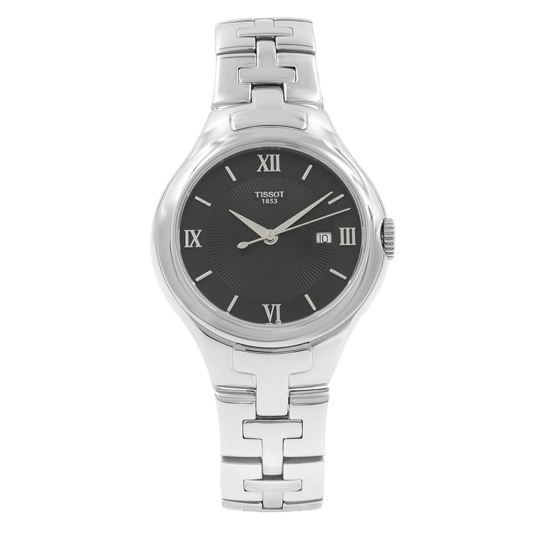 Tissot T12 T082.210.11.058.00 ladies quartz watch black dial steel: Tissot T12 T082.210.11.058.00 ladies quartz watch black dial steel Pre-owned Tissot T12 ladies wristwatch with a black sunray dial and quartz movement. The round case is paired with a stainless steel 