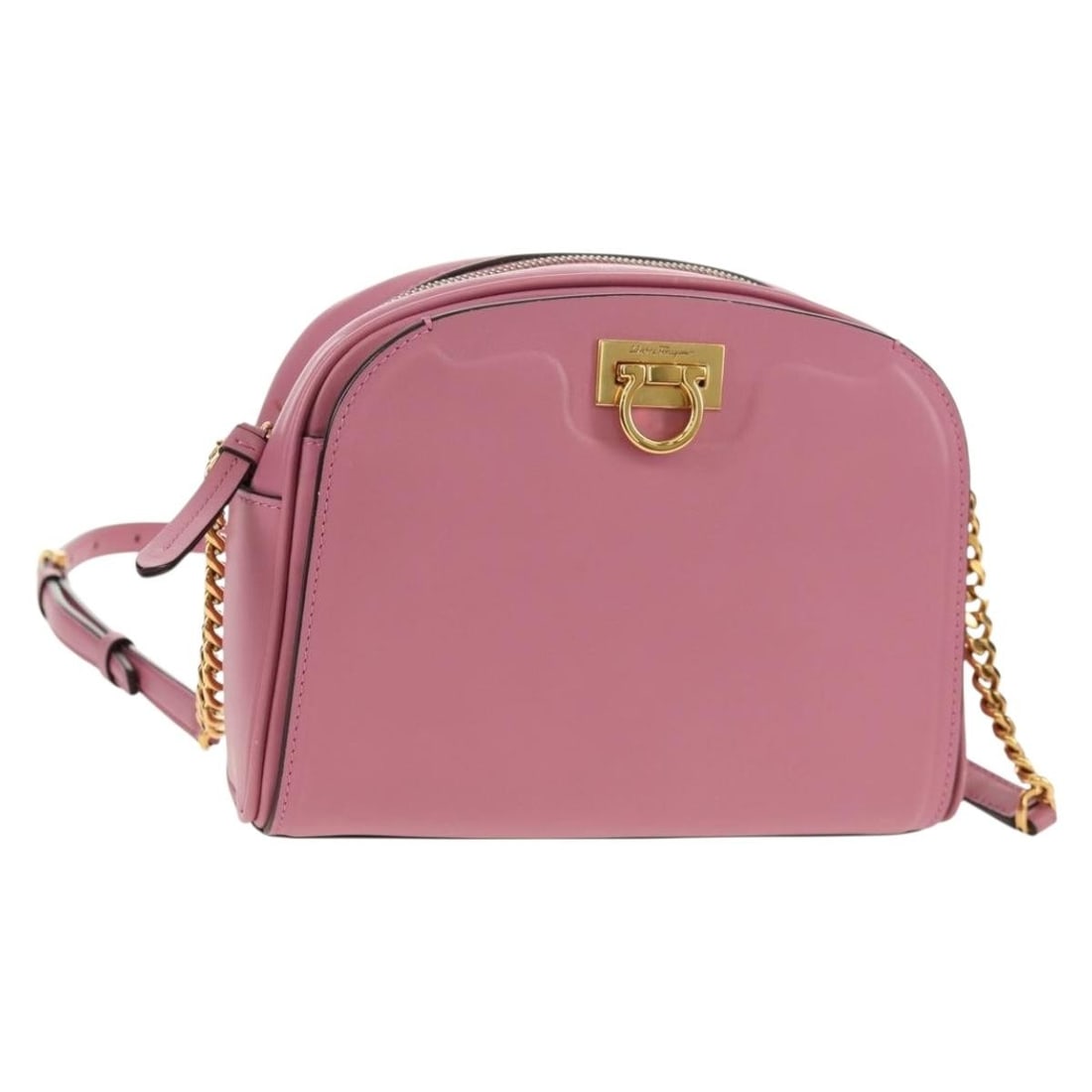 Salvatore Ferragamo Gancini Pink Leather Shoulder Bag BA8838V: Salvatore Ferragamo Gancini Pink Leather Shoulder Bag BA8838V Salvatore Ferragamo Gancini shoulder bag in pink leather with gold-tone accents. Made in Italy, this women's shoulder bag features an adju