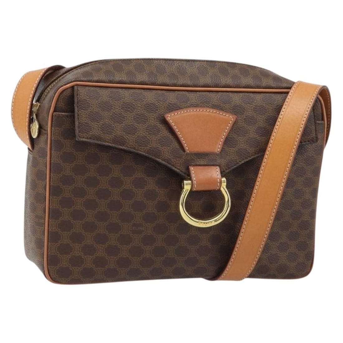 CELINE Macadam Shoulder Bag Brown PVC Leather Gold Tone: CELINE Macadam Shoulder Bag Brown PVC Leather Gold Tone Celine Macadam canvas shoulder bag in brown with PVC leather trim and gold-tone accents. Made in Italy, this women's shoulder bag features an ad