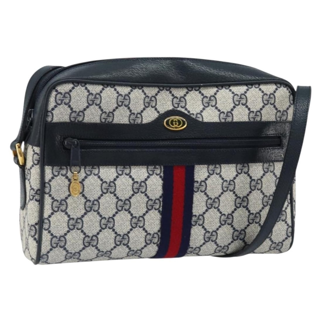 Gucci 68 02 005 GG Supreme Sherry Shoulder Bag Navy Gold PVC: Gucci 68 02 005 GG Supreme Sherry Shoulder Bag Navy Gold PVC Gucci GG Supreme Sherry Line shoulder bag in navy and gold, made in Italy from PVC leather and GG canvas. This women's bag measures approxi