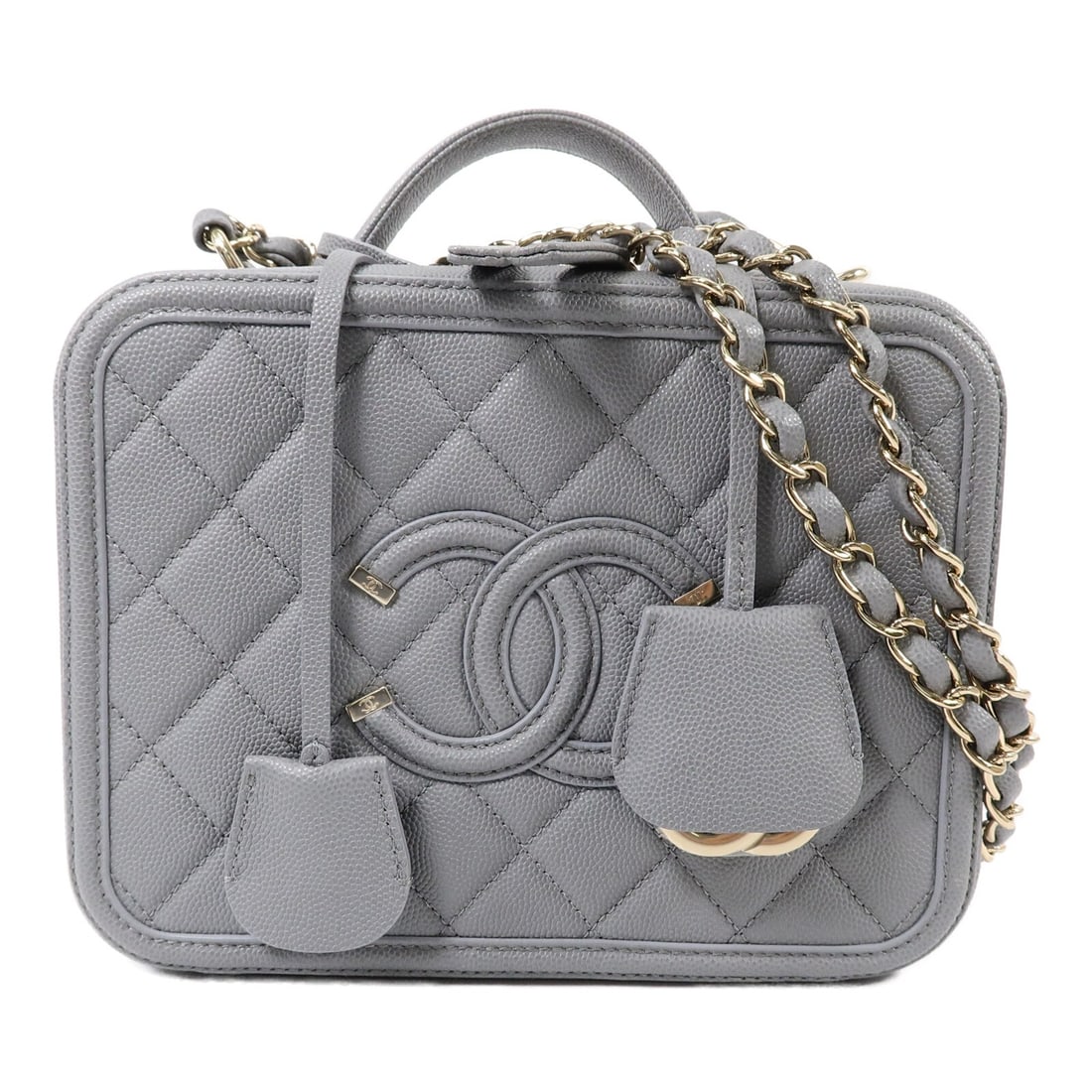 CHANEL CC Filigree Medium Vanity Case Gray Calfskin 2way Shoulder Bag: CHANEL CC Filigree Medium Vanity Case Gray Calfskin 2way Shoulder Bag Medium Chanel CC Filigree vanity case in gray calfskin leather with a 2-way shoulder bag design. The bag features an interior with