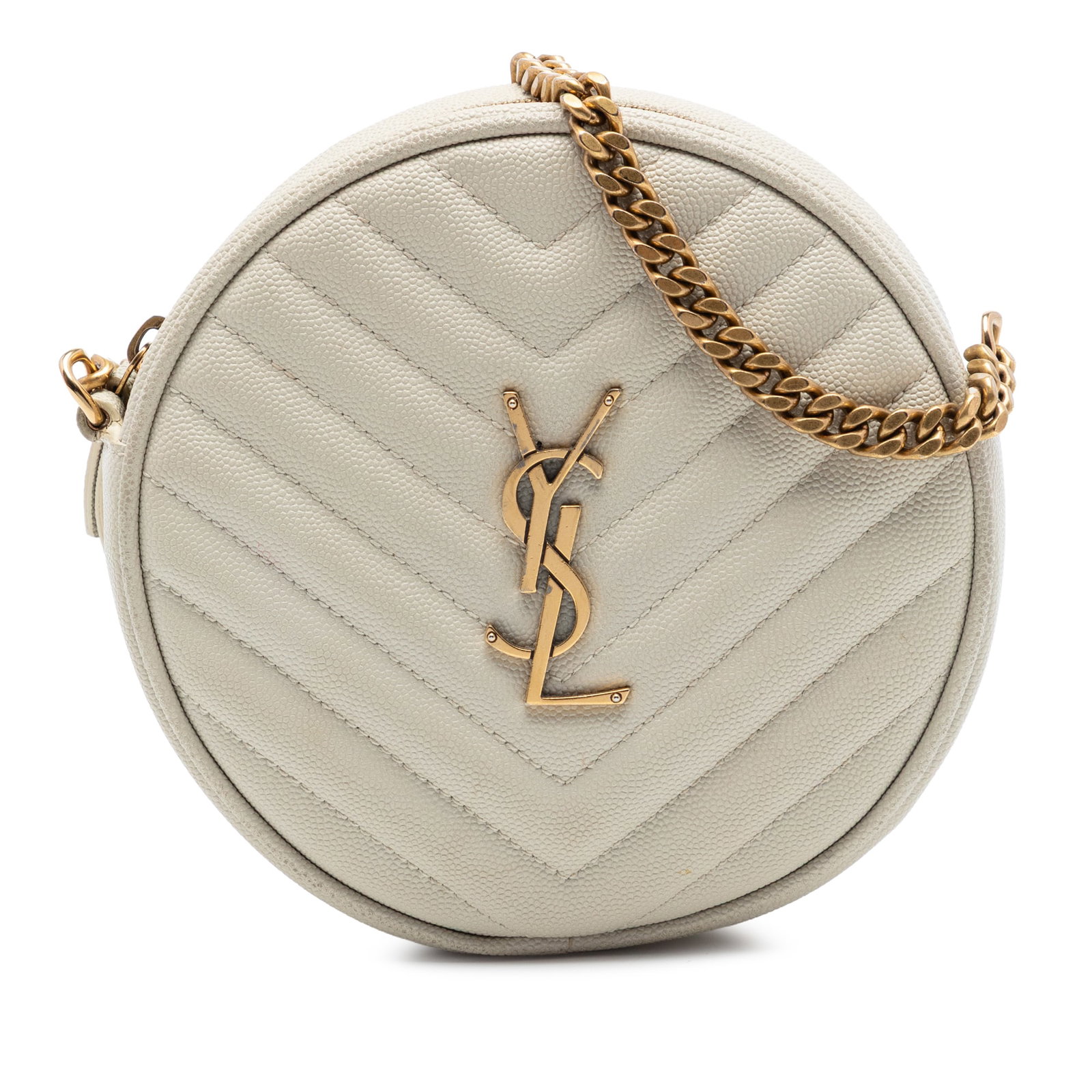 Saint Laurent Grain De Poudre round camera crossbody bag white leather: Saint Laurent Grain De Poudre round camera crossbody bag white leather Saint Laurent Grain De Poudre Chevron Round Vinyle Camera Bag in white grained quilted leather. This crossbody style features a r