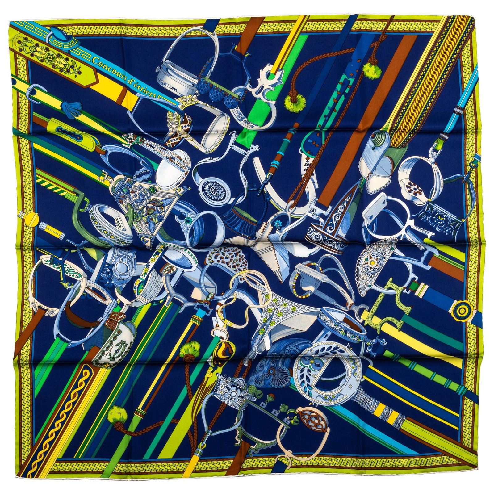 Hermes Concour D'Etriers Silk Scarf 35 in Equestrian Design: Hermes Concour D'Etriers Silk Scarf 35 in Equestrian Design Elevate your accessory collection with this exquisite Hermes 'Concour D'Etriers' silk scarf. Crafted in France, this luxurious scarf feature