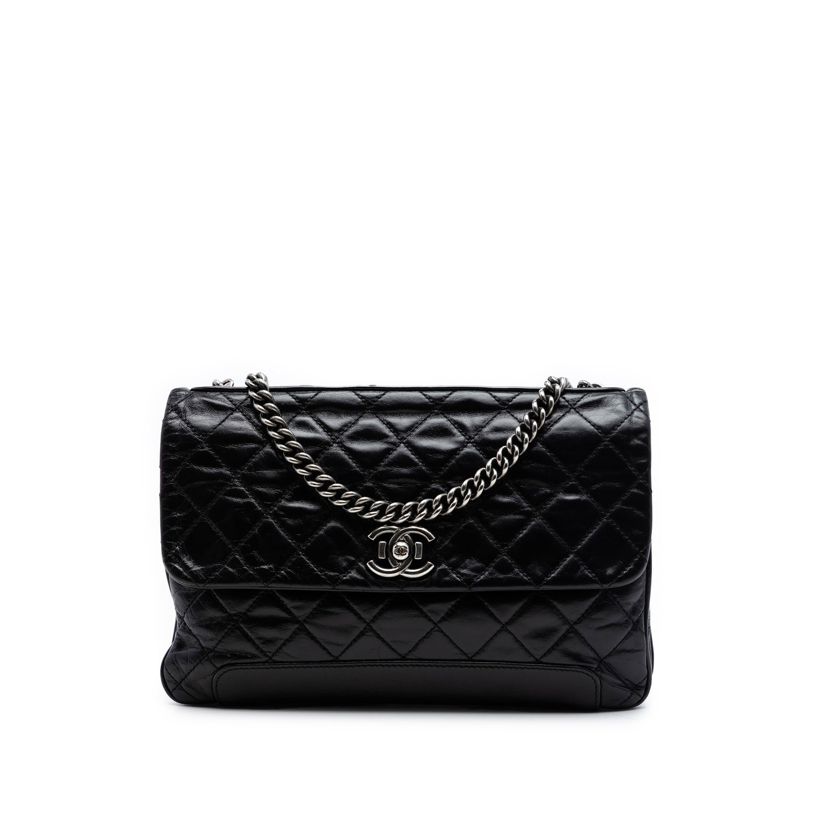 Chanel quilted calfskin flap crossbody bag CC: Chanel quilted calfskin flap crossbody bag CC This Chanel CC Quilted Glazed Calfskin Flap crossbody bag features a quilted leather body in black, complemented by curb chain shoulder straps. The bag is