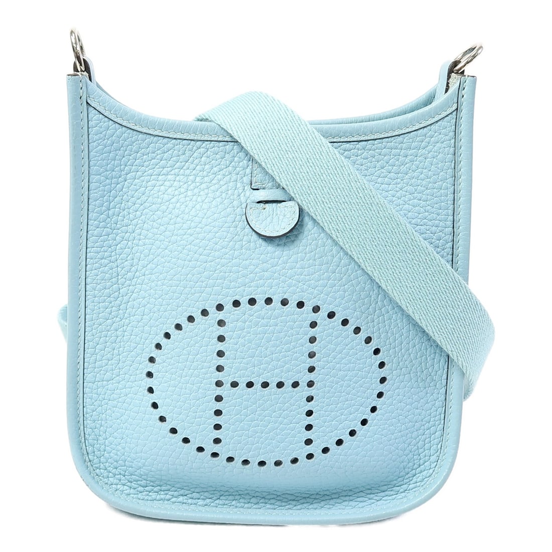 Hermes Evelyne TPM Taurillon Clemence Shoulder Bag Bleu Atoll PHW: Hermes Evelyne TPM Taurillon Clemence Shoulder Bag Bleu Atoll PHW Hermes Evelyne TPM shoulder bag in Bleu Atoll Taurillon Clemence calfskin with palladium-tone hardware. Made in France, this women's s