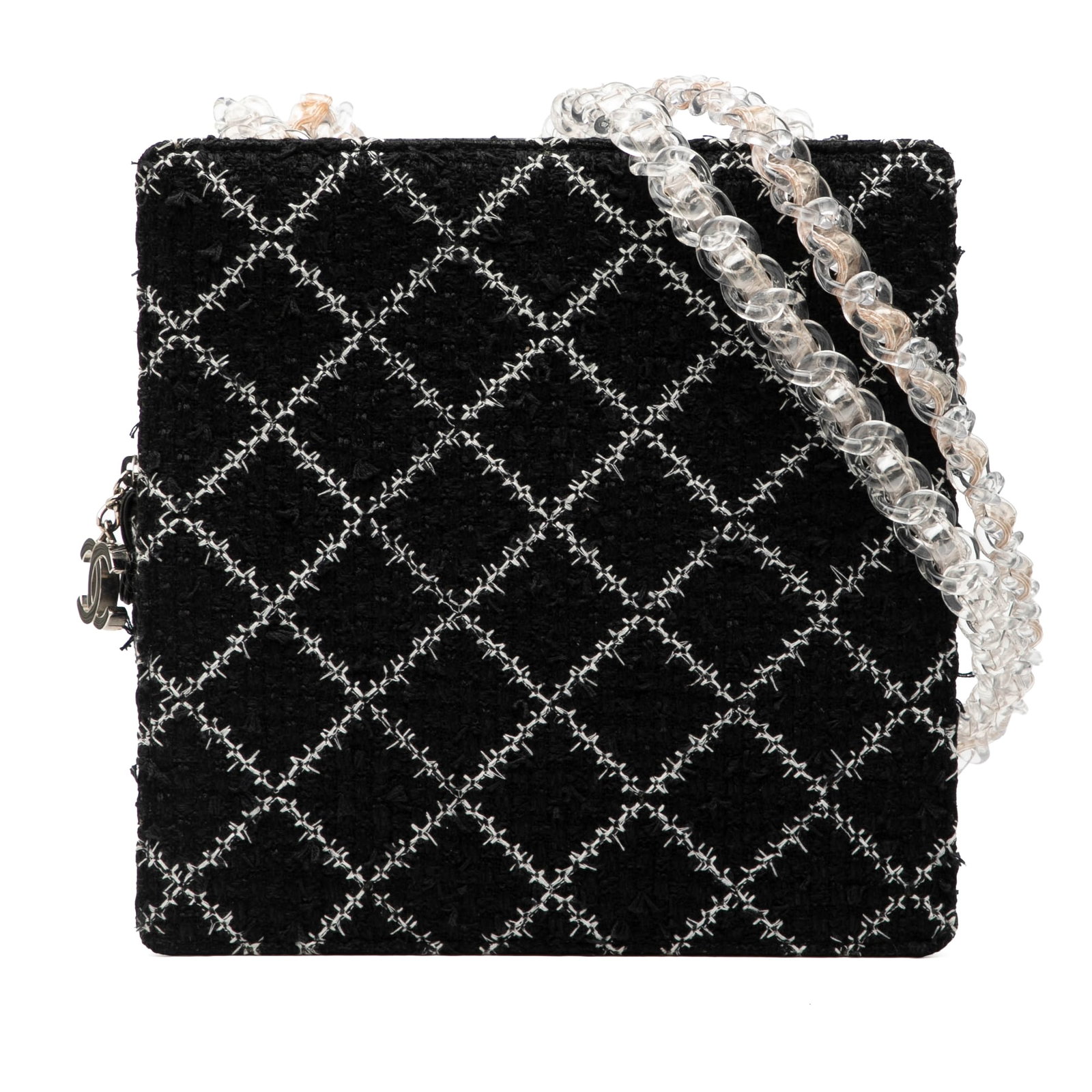 Chanel Tweed Fabric Shoulder Bag with Resin Chain and Top Zip: Chanel Tweed Fabric Shoulder Bag with Resin Chain and Top Zip This Chanel shoulder bag features a tweed body with resin chain shoulder straps, a top zip closure, and an interior zip pocket. The bag is