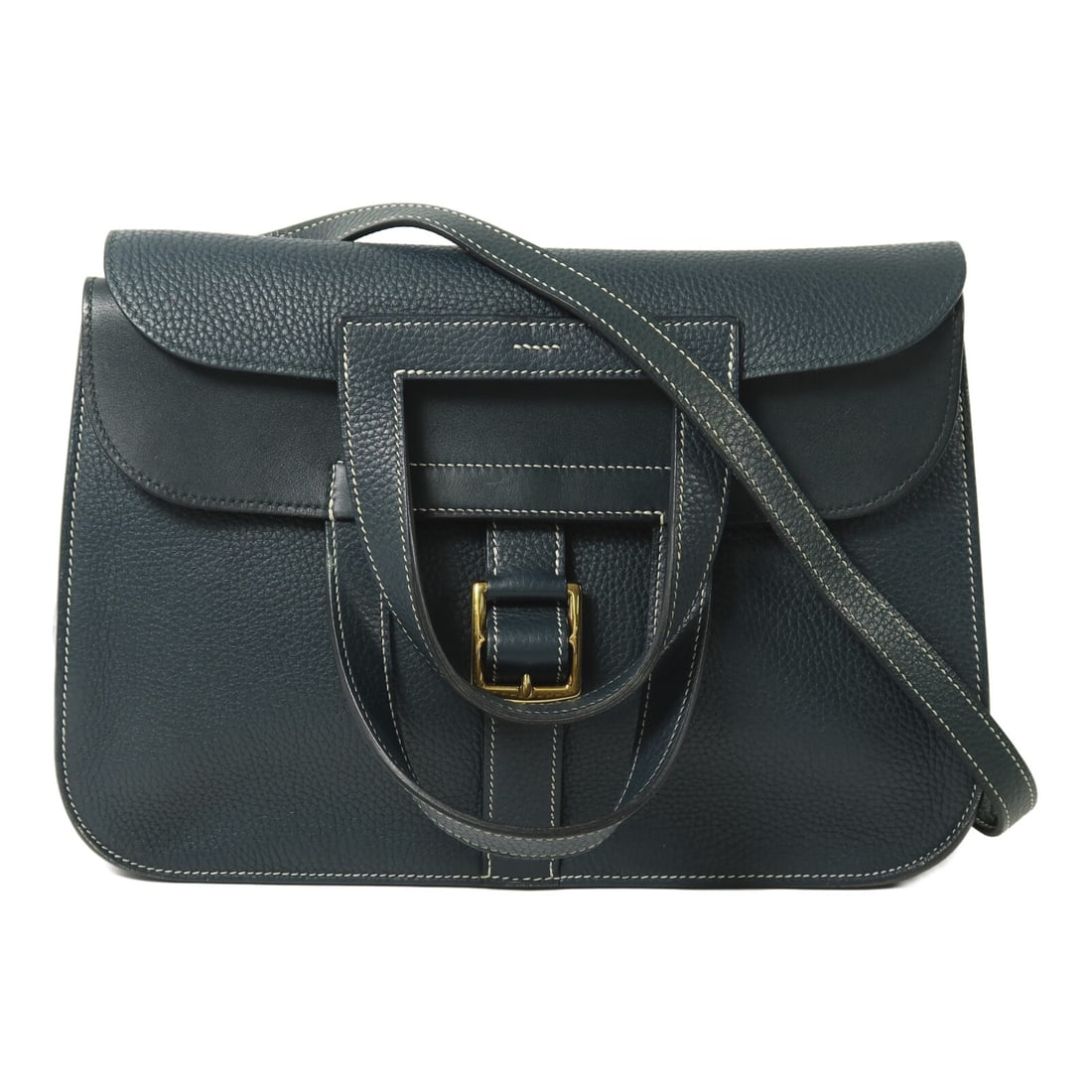 Hermes Halzan 31 Taurillon Clemence 2 Way Shoulder Bag Vert Cypres: Hermes Halzan 31 Taurillon Clemence 2 Way Shoulder Bag Vert Cypres Hermes Halzan 31 2 Way Shoulder Handbag in Taurillon Clemence and calfskin (cowhide), presented in Vert Cypres with blue frame color.