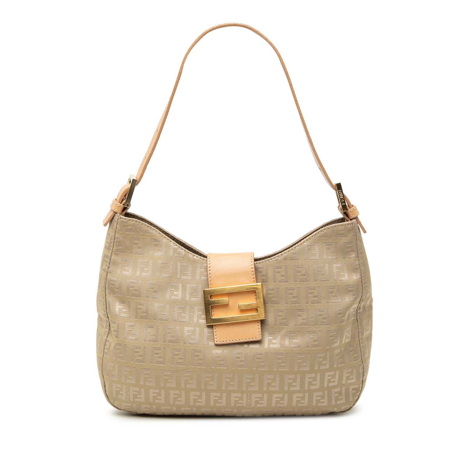 Fendi Zucchino Beige Canvas Shoulder Handbag: Fendi Zucchino Beige Canvas Shoulder Handbag Fendi Zucchino canvas shoulder bag in beige with a flat leather strap, open top, and flat strap with magnetic closure. The interior includes a zip compartm