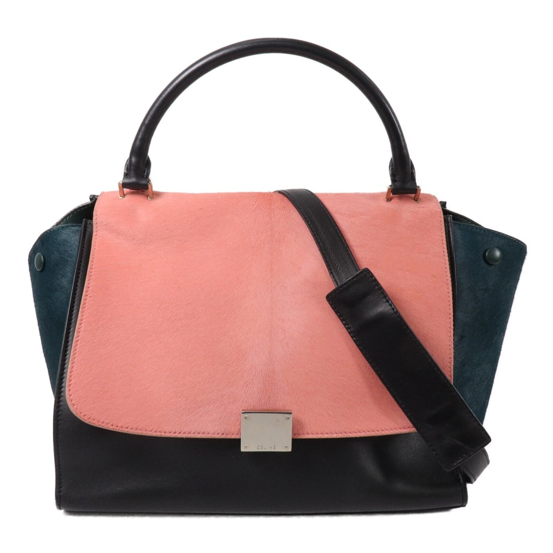 CELINE Trapeze 15867740 2 Way Shoulder Bag Calfskin Horse Hair: CELINE Trapeze 15867740 2 Way Shoulder Bag Calfskin Horse Hair Celine Trapeze 2-way shoulder bag in calfskin leather and horse hair with silver-tone hardware. This women's bag features a structured de