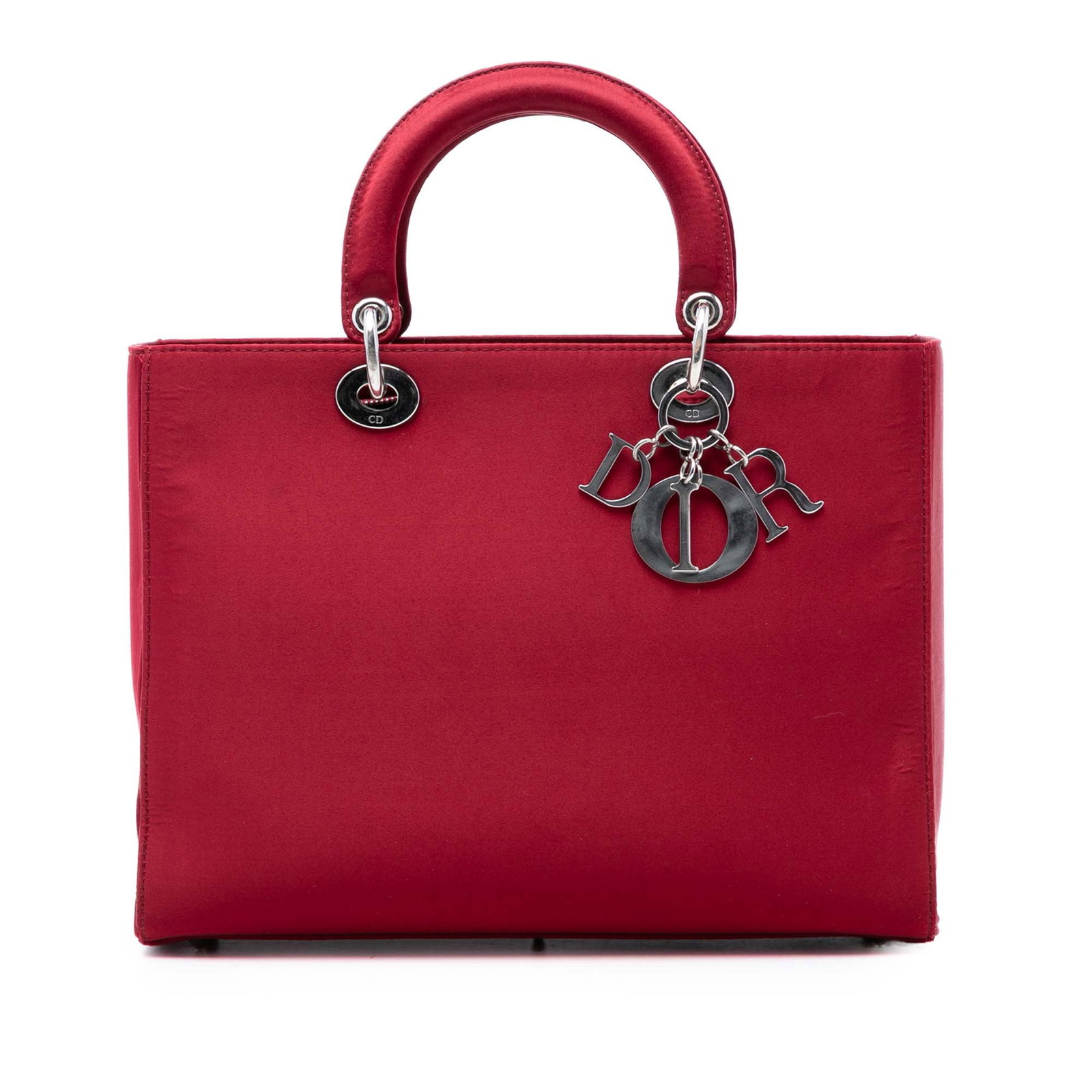Dior Large Satin Lady handbag red fabric Italy: Dior Large Satin Lady handbag red fabric Italy This Lady Dior bag features a striking red satin exterior with flat satin top handles, a top zip closure, and an interior zip pocket. Crafted in Italy, i