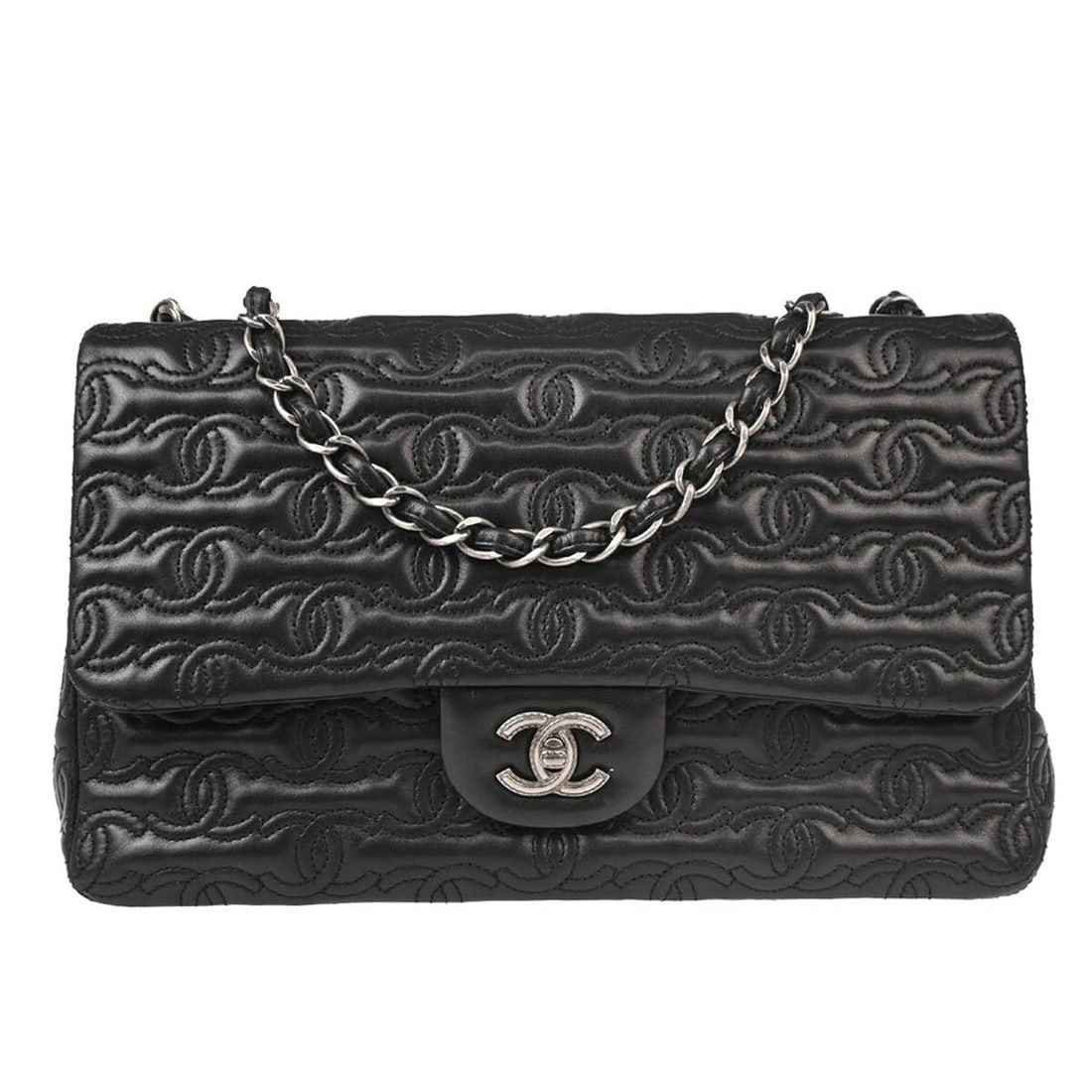 CHANEL CC Quilted Lambskin Flap Shoulder Bag Black: CHANEL CC Quilted Lambskin Flap Shoulder Bag Black Black Chanel shoulder bag crafted in lambskin with a quilted CC pattern and flap turnlock closure. This large women's bag features an adjustable doub