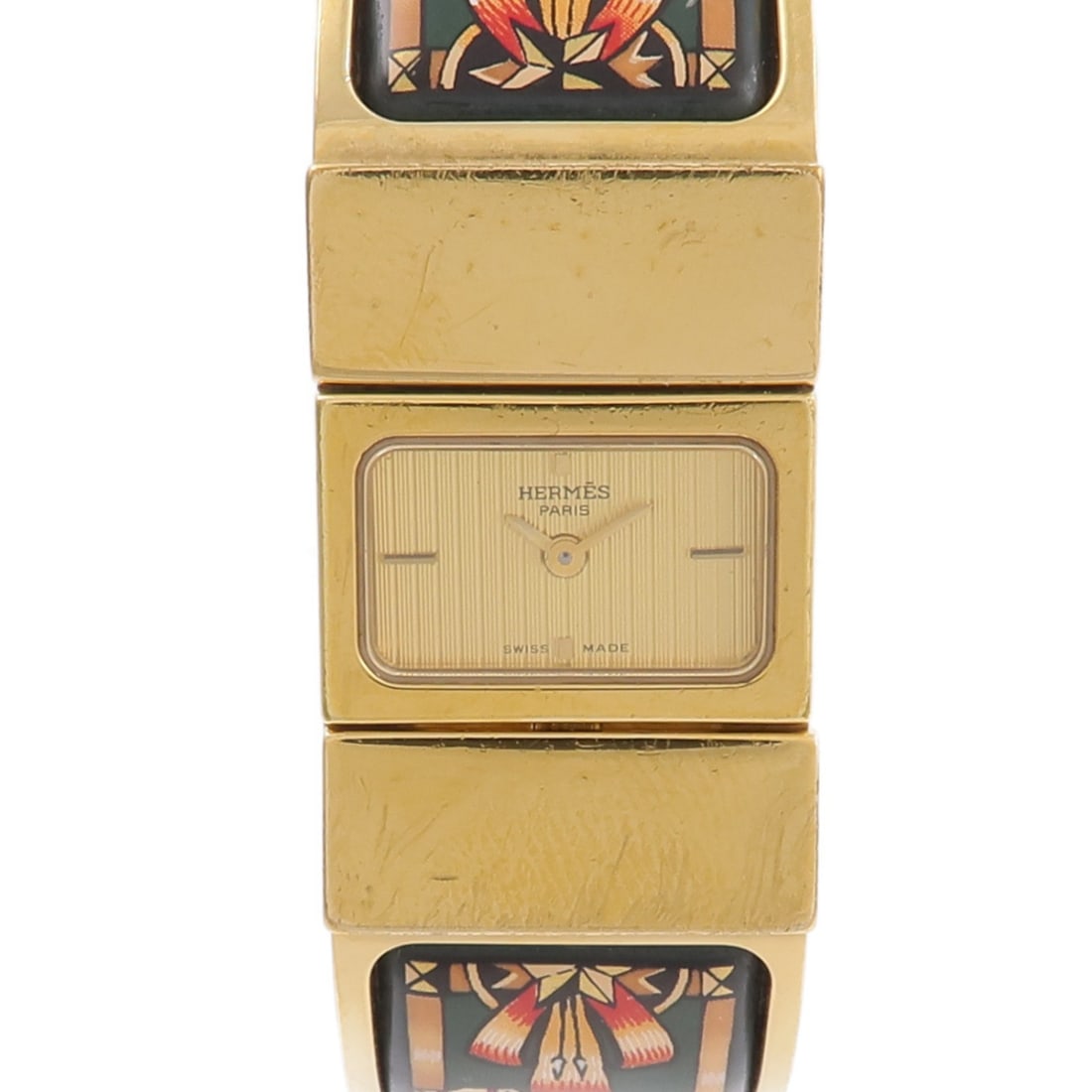 HERMES Loquet L01.201 gold plated ladies quartz wristwatch: HERMES Loquet L01.201 gold plated ladies quartz wristwatch Quartz watch for ladies with a gold plated case and gold color scheme. It is identified as the HERMES Loquet L01.201 model and is described a