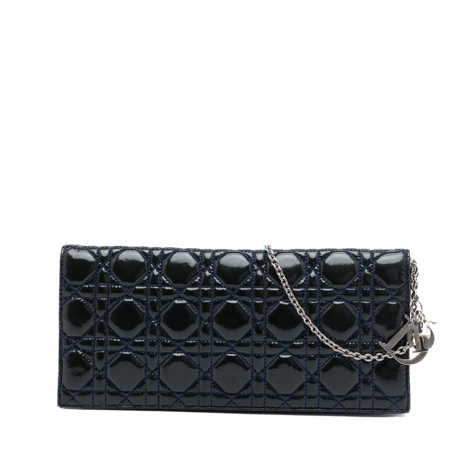 Dior Lady Dior Cannage Patent Leather Chain Clutch Bag: Dior Lady Dior Cannage Patent Leather Chain Clutch Bag Black patent leather Lady Dior clutch with chain featuring the Cannage design, a front flap with snap button closure, an interior slip pocket, an