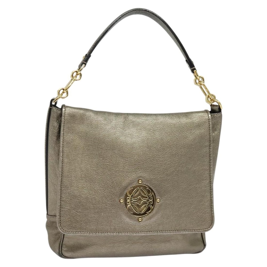 LOEWE Anagram Leather Shoulder Bag in Gold: LOEWE Anagram Leather Shoulder Bag in Gold LOEWE Anagram shoulder bag in gold leather with a structured, compact silhouette and shoulder strap. Made in Spain, this women's bag is offered without the o