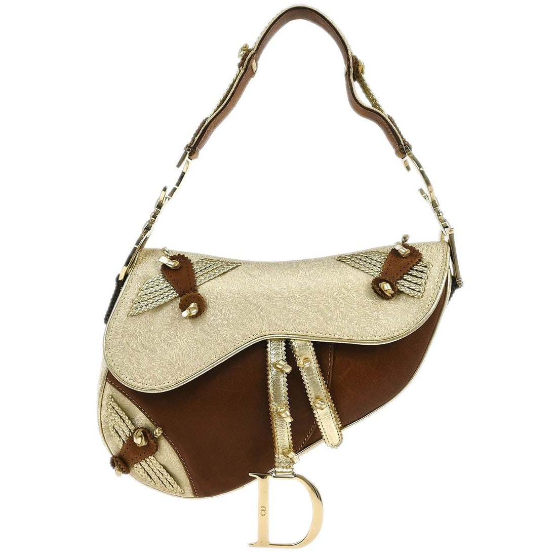 Dior Saddle Shoulder Bag in Gold and Brown Canvas Leather: Dior Saddle Shoulder Bag in Gold and Brown Canvas Leather Christian Dior Saddle handbag in gold and brown canvas and leather with a shoulder strap and Velcro closure. This medium bag features one exte