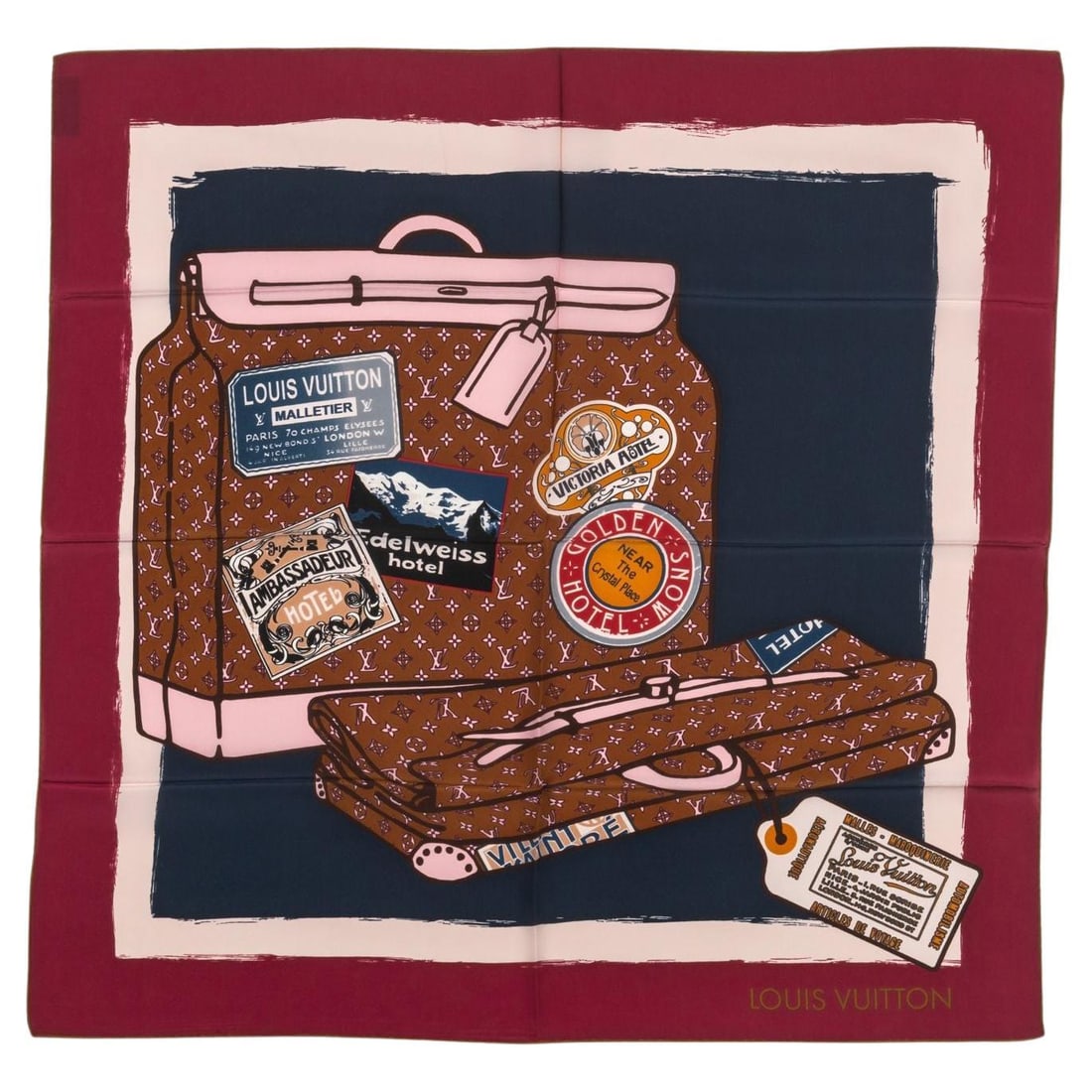 Louis Vuitton CHALE Monogram Silk Scarf Burgundy Edges 27x27: Louis Vuitton CHALE Monogram Silk Scarf Burgundy Edges 27x27 Elevate your accessory collection with this exquisite Louis Vuitton CHALE Monogram Silk Scarf. This luxurious scarf features a unique lugga