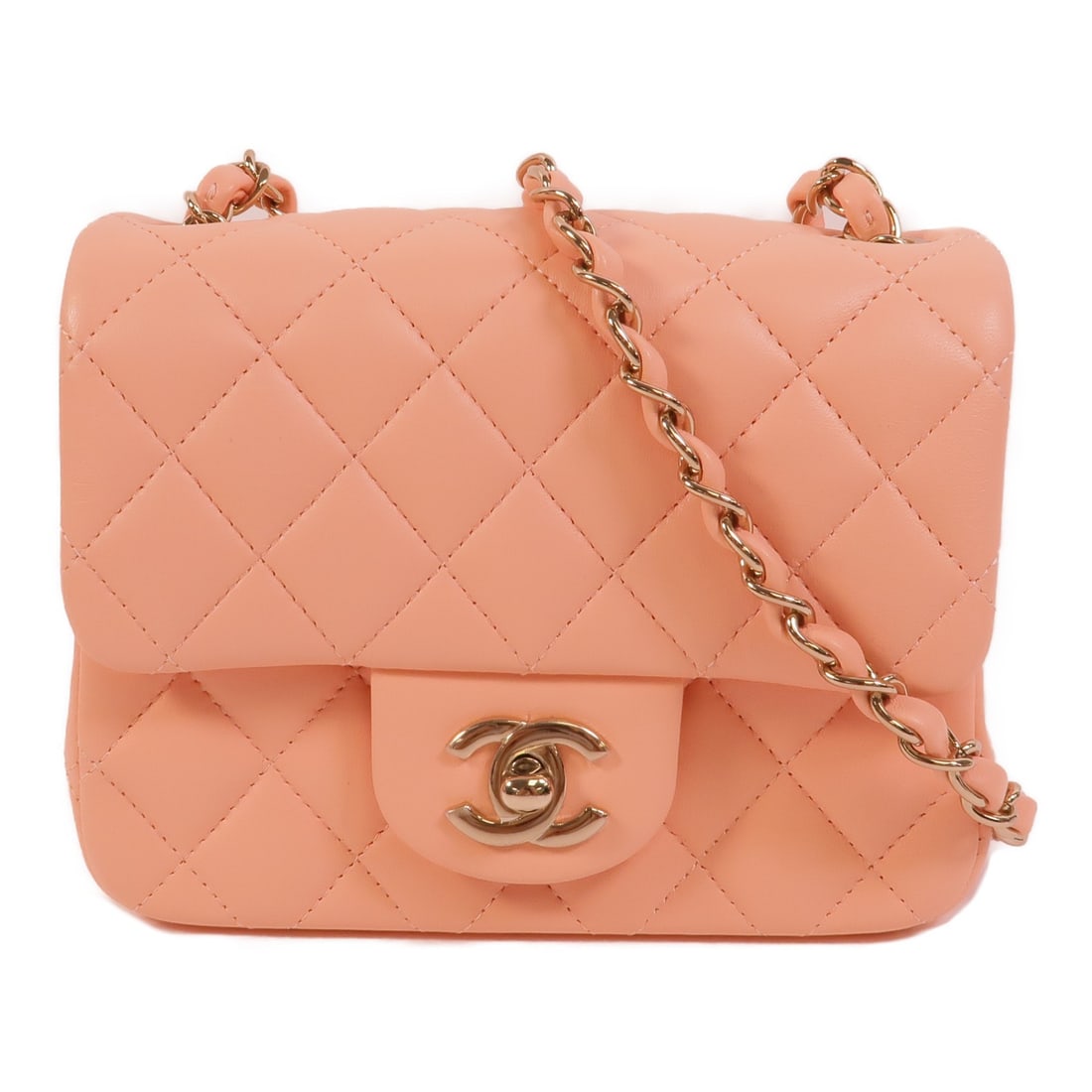CHANEL A35200 Mini Classic 17 Lambskin Chain Shoulder Bag Pink Orange: CHANEL A35200 Mini Classic 17 Lambskin Chain Shoulder Bag Pink Orange A CHANEL CC GHW Mini Classic 17 chain shoulder bag in lambskin leather, presented in pink and orange. It features a turn lock clos