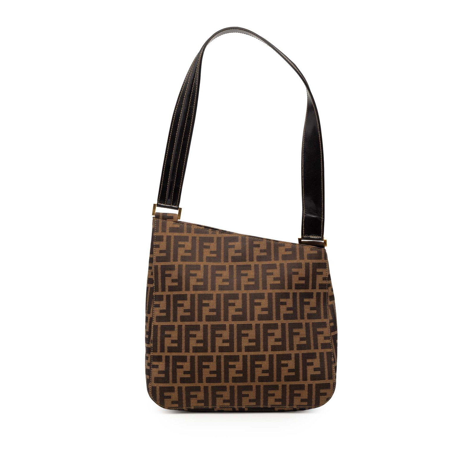 Fendi Zucca Canvas Brown Shoulder Bag with Dust Bag: Fendi Zucca Canvas Brown Shoulder Bag with Dust Bag This Fendi Zucca Canvas Shoulder Bag features a brown fabric body with the iconic Zucca pattern, a flat leather strap, and an open top secured with 
