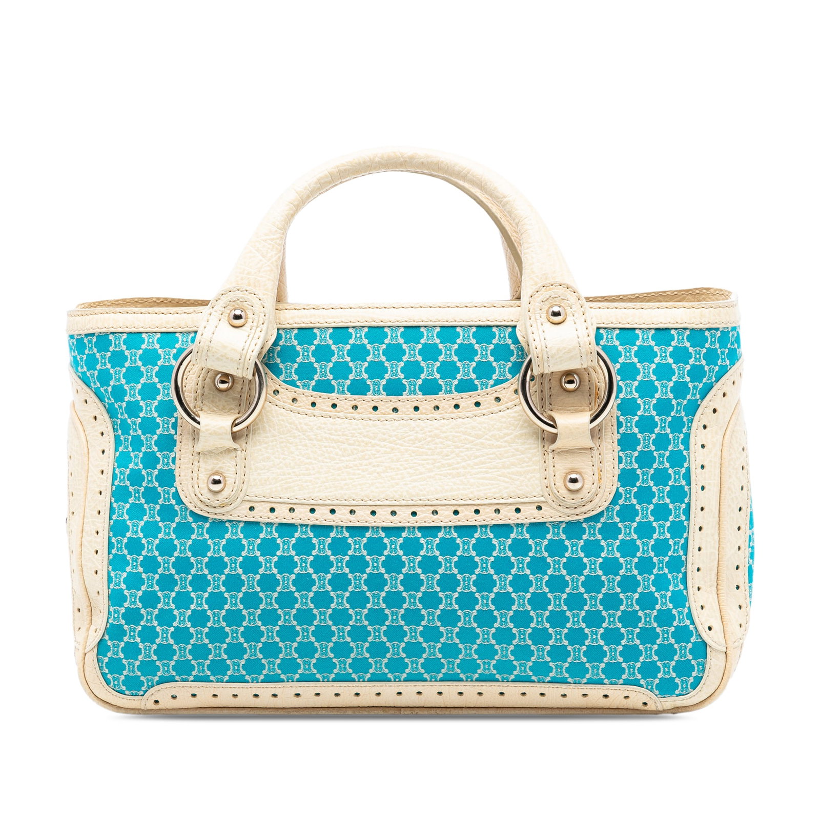 Celine Boogie Tote Blue Macadam Canvas with Leather Trim: Celine Boogie Tote Blue Macadam Canvas with Leather Trim This Celine Macadam Canvas Boogie Handbag features a blue canvas body with leather trim, rolled leather top handles, an open top design, an int