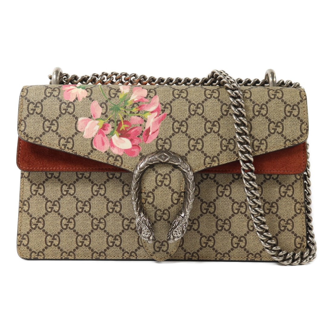 Gucci Dionysus 400249 Brown GG Chain Shoulder Bag Suede Coated Canvas: Gucci Dionysus 400249 Brown GG Chain Shoulder Bag Suede Coated Canvas Gucci Dionysus Chain Shoulder Bag, model 400249, in brown PVC coated canvas and suede with silver-tone hardware. It features a fla