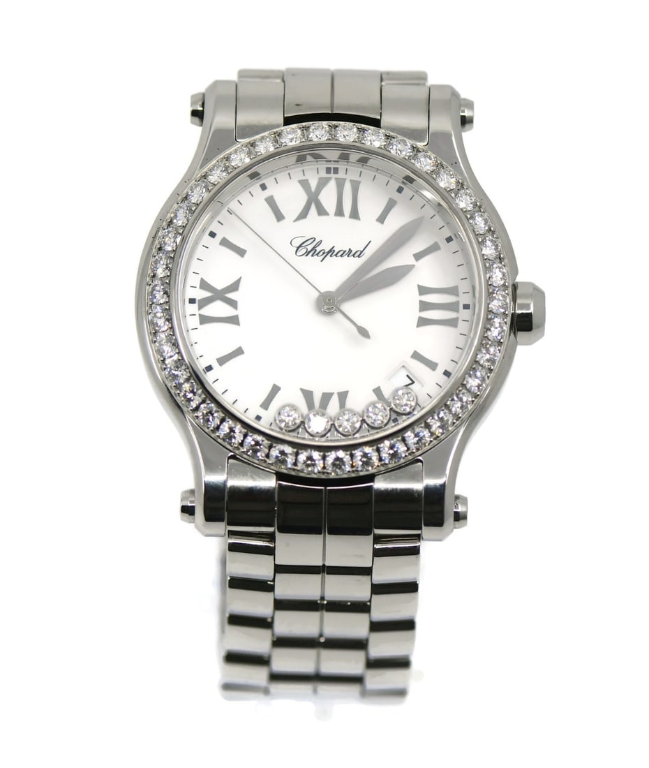 Chopard Happy Sport 36mm Diamond Bezel Stainless Steel Quartz Watch with Box: Chopard Happy Sport 36mm Diamond Bezel Stainless Steel Quartz Watch with Box This Chopard Happy Sport wristwatch features a stainless steel case and band, complemented by a silver analog dial. The bez