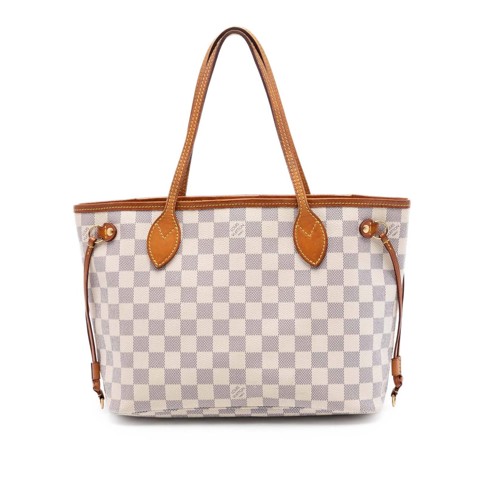 Louis Vuitton Neverfull PM Damier Azur tote bag: Louis Vuitton Neverfull PM Damier Azur tote bag This Louis Vuitton Damier Azur Neverfull PM features the signature Damier canvas with leather trim, flat shoulder straps, an open top, and an interior z