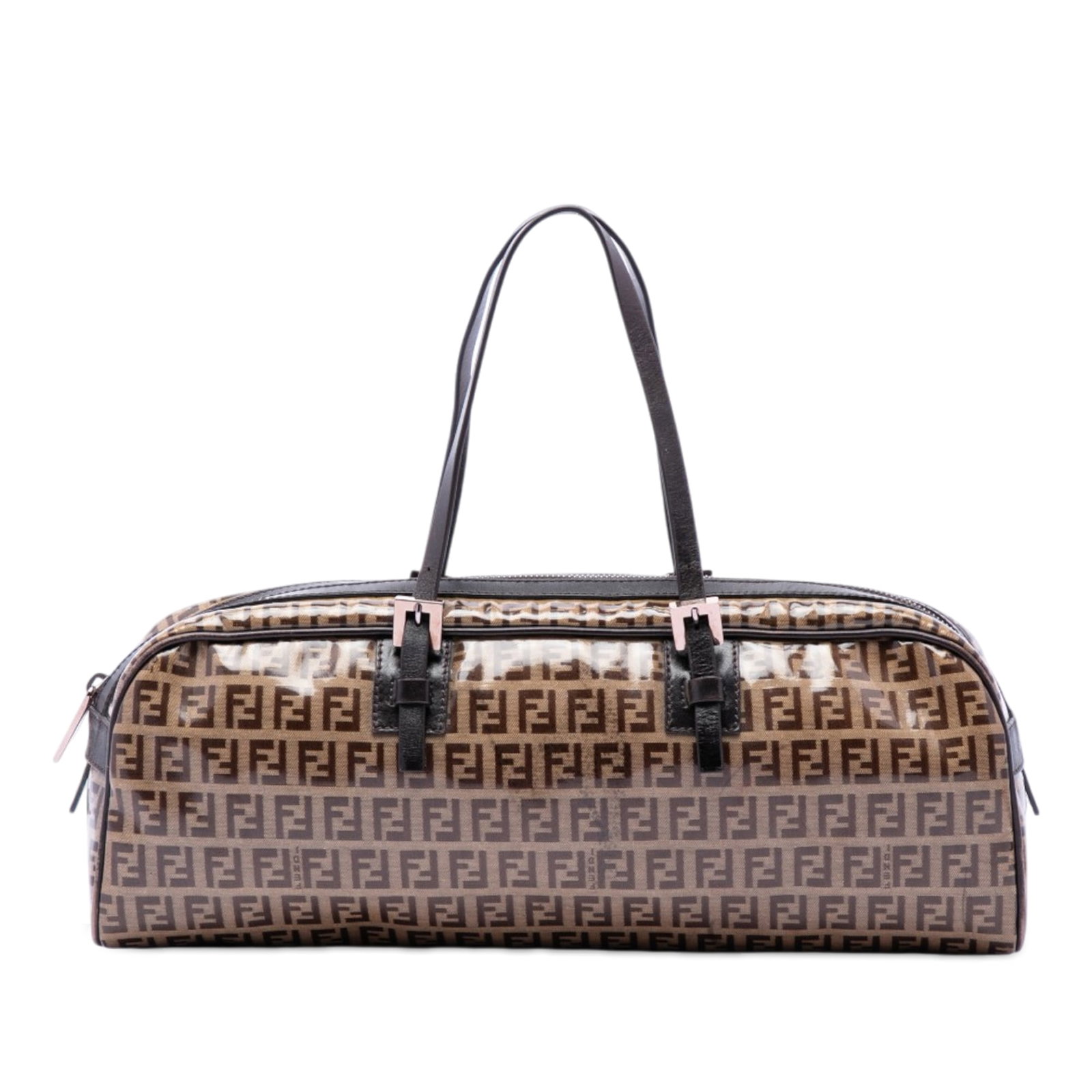 Fendi Zucchino Crystal Brown Fabric Zip Top Handbag: Fendi Zucchino Crystal Brown Fabric Zip Top Handbag Fendi Zucchino Crystal Handbag with a coated canvas body and leather trim. It features flat leather handles, a top zip closure, and an interior with
