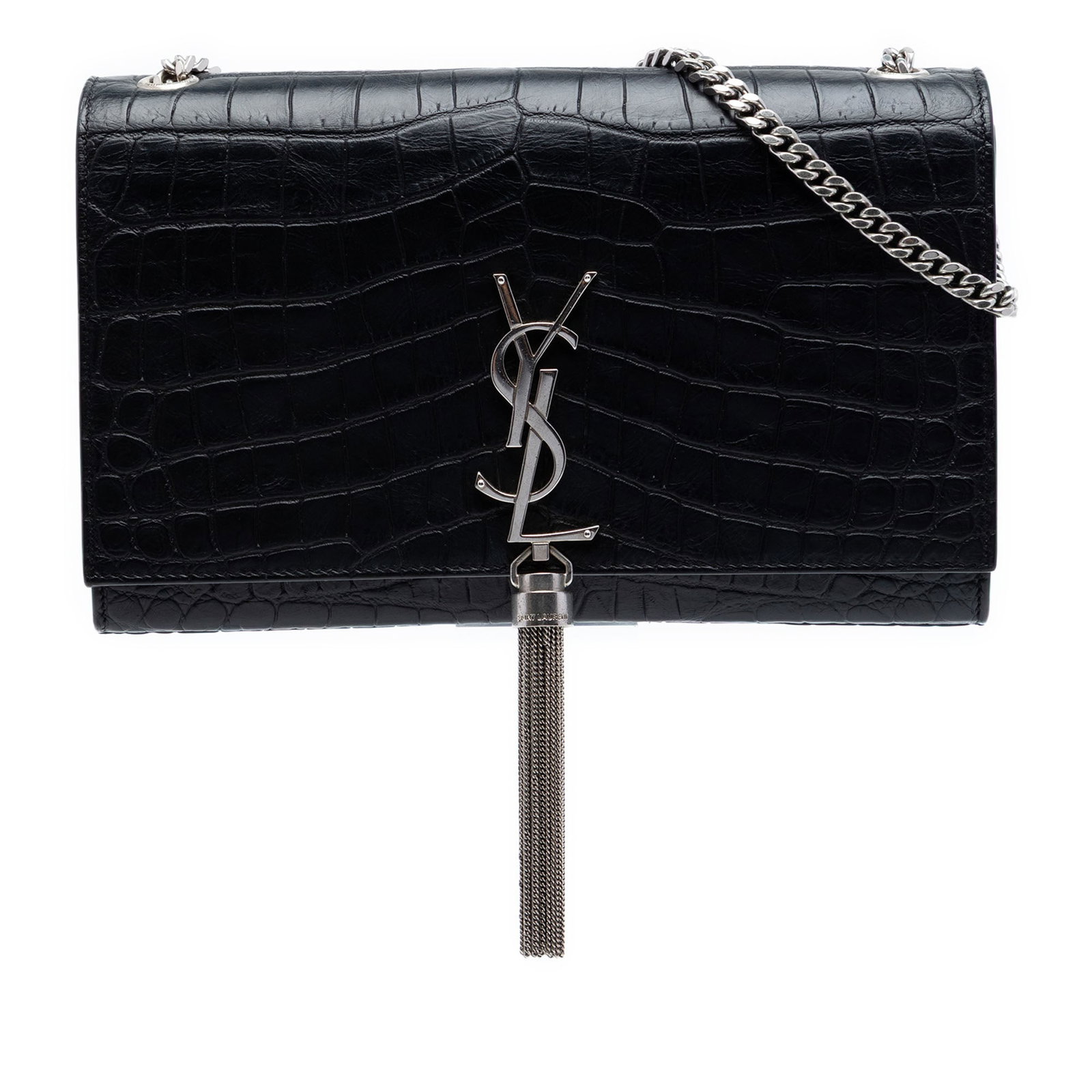 Saint Laurent Kate Medium Black Croc Embossed Leather Crossbody Bag: Saint Laurent Kate Medium Black Croc Embossed Leather Crossbody Bag Saint Laurent Medium Kate Tassel crossbody bag in black croc-embossed leather. This Italian-made bag features a chain link shoulder 