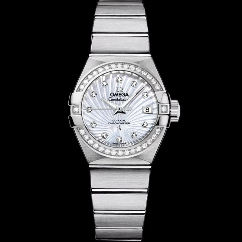 Ladies OMEGA Constellation Steel Watch Ref. 123.15.27.20.55.001 MOP Diamond Dial: Ladies OMEGA Constellation Steel Watch Ref. 123.15.27.20.55.001 MOP Diamond Dial OMEGA Constellation ladies wristwatch featuring a white mother-of-pearl diamond dial, diamond bezel, and steel bracelet