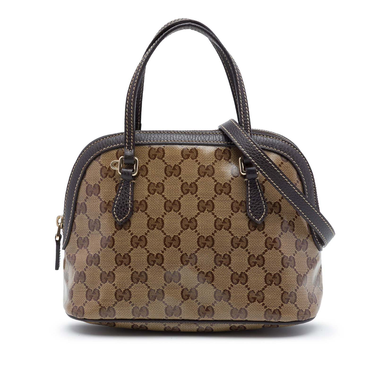 Gucci Mini GG Crystal Dome Bag Beige Coated Canvas: Gucci Mini GG Crystal Dome Bag Beige Coated Canvas Gucci Mini GG Crystal Dome Satchel in beige fabric with leather trim. This satchel features flat leather handles, a detachable flat leather strap, a 