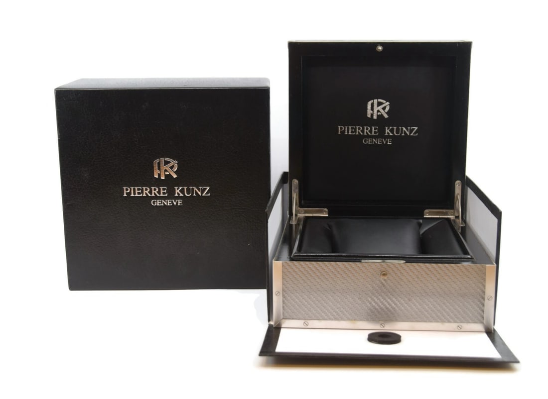 Pierre Kunz Black Presentation Watch Box 8x8x5 Inches Authentic: Pierre Kunz Black Presentation Watch Box 8x8x5 Inches Authentic This elegant Pierre Kunz Wooden Black Watch Box is a perfect presentation box for your luxury timepieces. Crafted from high-quality pape
