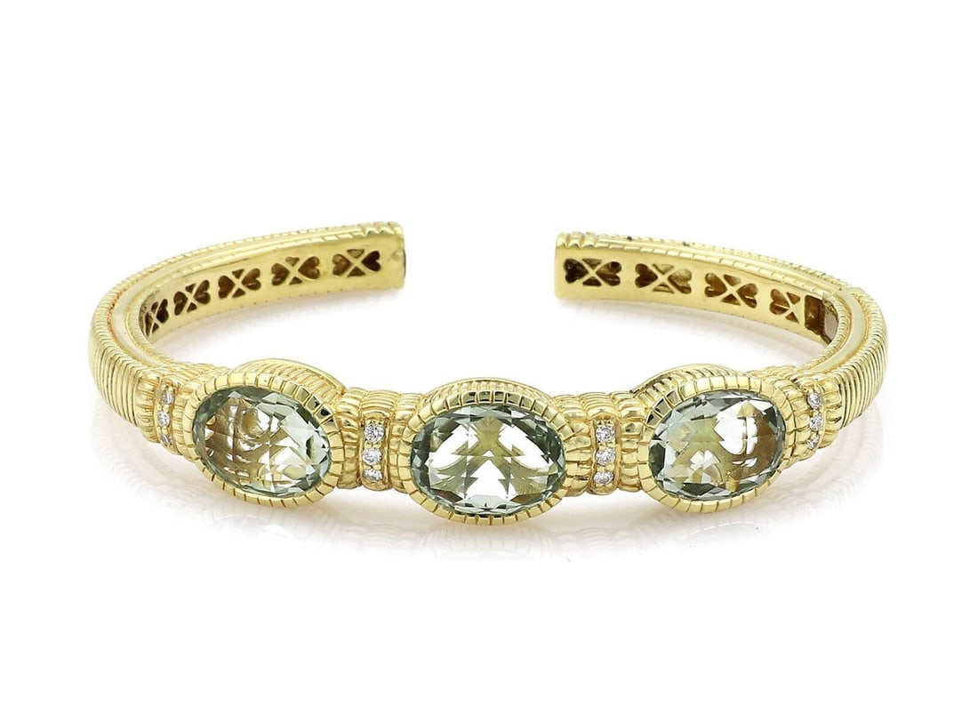 Judith Ripka 18k Yellow Gold Hinged Cuff Bracelet with Prasiolite and Diamonds (1 of 5)