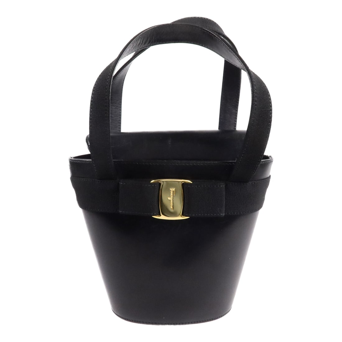 Salvatore Ferragamo Vara Ribbon Black Calfskin Handbag: Salvatore Ferragamo Vara Ribbon Black Calfskin Handbag Salvatore Ferragamo Vara Ribbon handbag in black calfskin (cowhide) leather. It features a magnetic pocket, one outside open pocket, and one insi